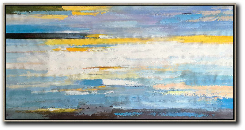 Original Abstract Painting Extra Large Canvas Art,Horizontal Palette Knife Contemporary Art,Modern Paintings On Canvas,White,Yellow,Blue,Black.etc